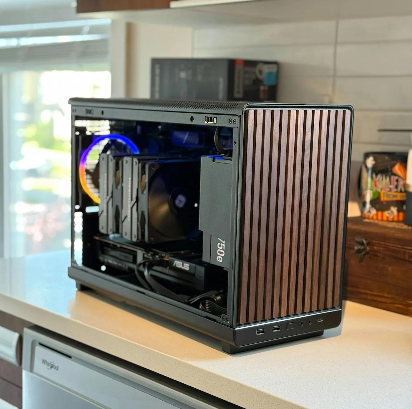A custom small-form-factor PC build with a wood-and-glass case — a Linux or Windows AI OS body