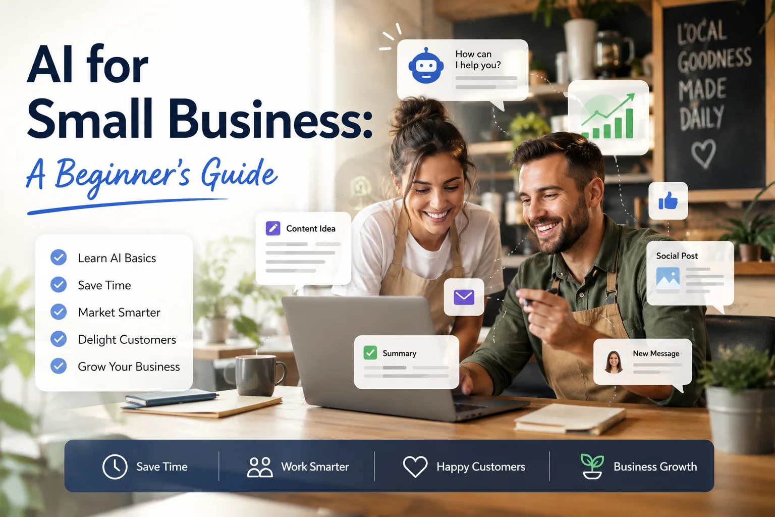 Small business owner learning how to use AI tools to improve productivity, marketing, and customer service