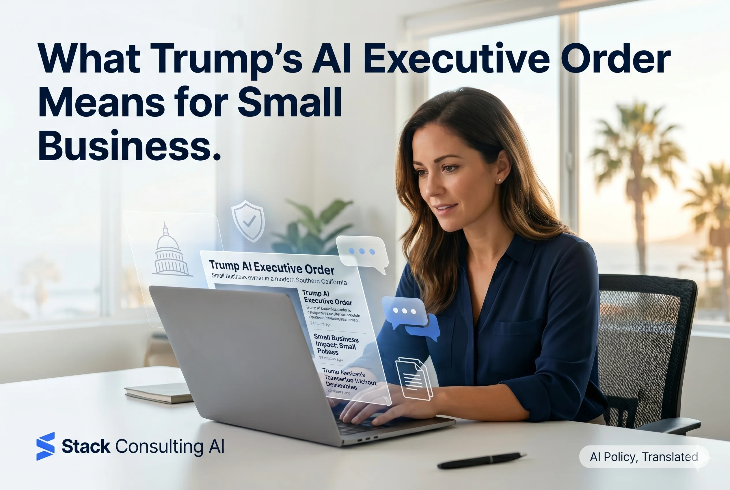 AI executive order small business — Orange County business owner reading AI policy news on a laptop with security and policy icons