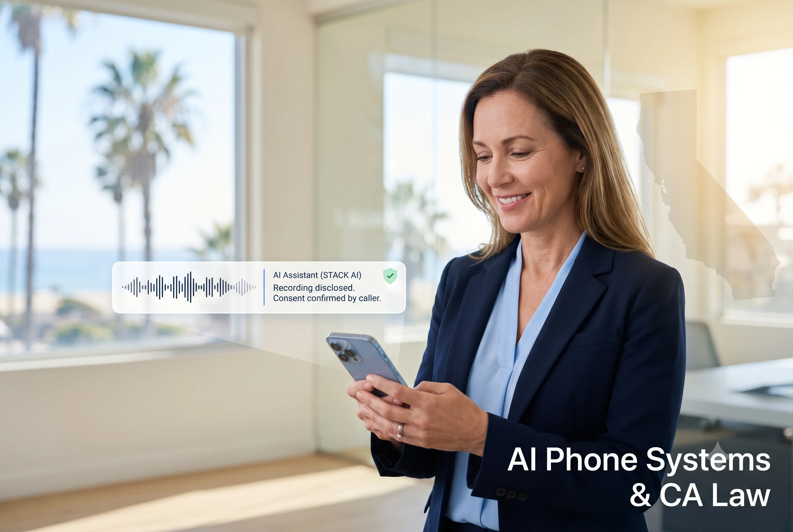 AI phone system California CIPA compliance: a business owner reviews a recording-disclosure and consent-confirmed card on her phone, California map outline behind.