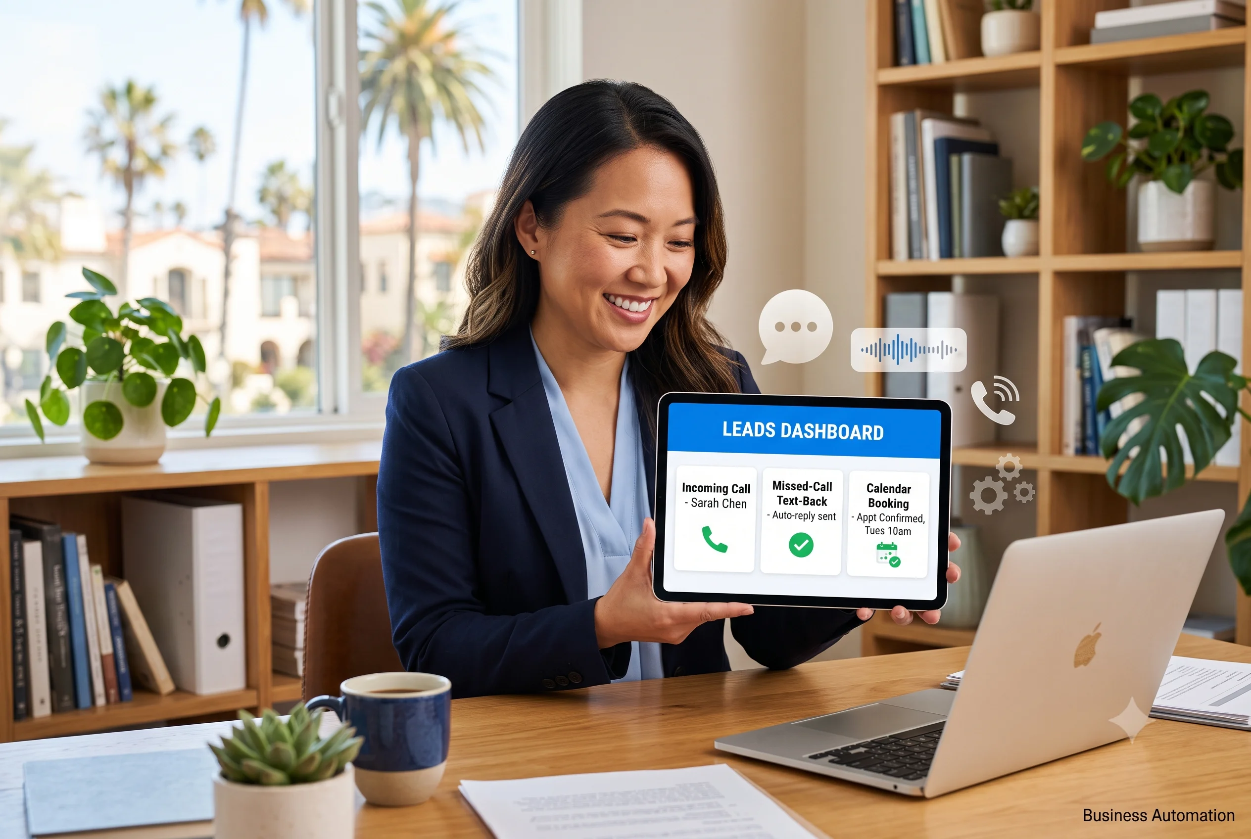 Business automation consulting for small business: a Southern California owner views a leads dashboard with incoming call, missed-call text-back, and calendar booking on a tablet.